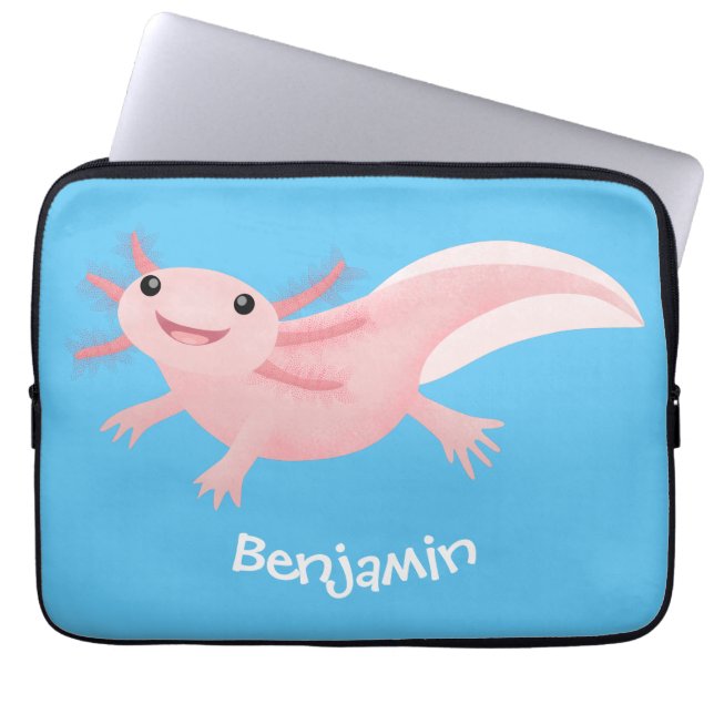 Cute roze happy axolotl laptop sleeve (Voorkant)