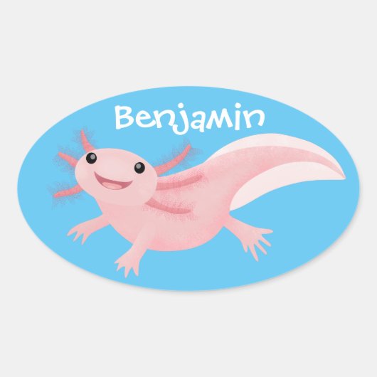 Cute roze happy axolotl ovale sticker (Voorkant)