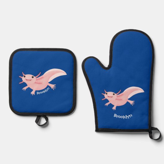 Cute roze happy axolotl ovenwant & pannenlap set (Voorkant)