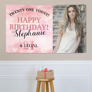 Cute Roze Hart 21e & Legale Foto Verjaardagsbanner Spandoek