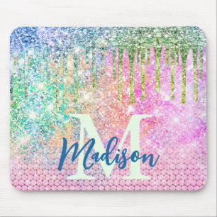Cute roze iridescent unicorn faux glitter monogram muismat