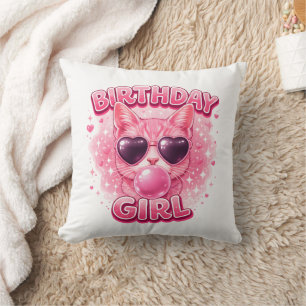 Cute Roze Kat Verjaardagsmeisje Hart Zonnebril Kussen