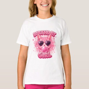Cute Roze Kat Verjaardagsmeisje met Hart Zonnebril T-shirt