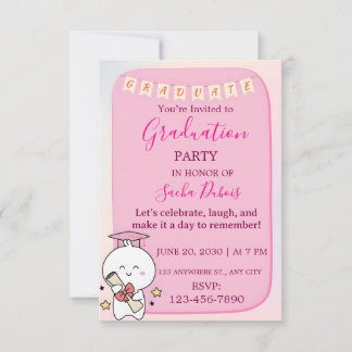 Cute Roze Kawaii Karakter Afstudeerfeest Uitnodigi Kaart