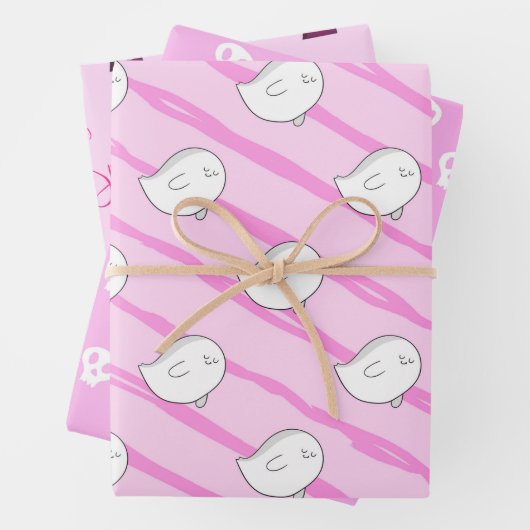 Cute Roze Kleine Boo Geest Schedel Halloween Cadea Inpakpapier Vel (In situ)