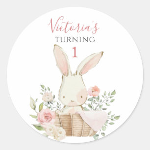 Cute Roze Konijn 1 Eerste Verjaardag Ronde Sticker