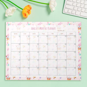 Cute Roze Konijn Bloemmotief Maandelijkse Planner Notitieblok