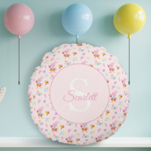 Cute Roze Konijn Trompet Tuin Blauw Monogram Rond Kussen