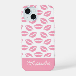 Cute Roze Lippenstift Kusjes Script Naam iPhone 15 Hoesje