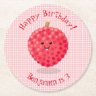 Cute roze lychee cartoon afbeelding ronde kartonnen onderzetter