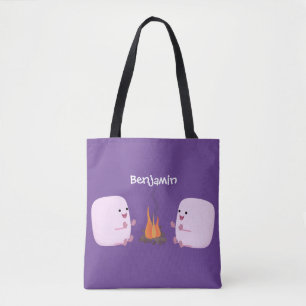 Cute roze marshmallows by kamp fire cartoon draagtas