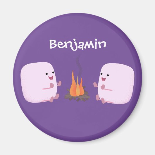 Cute roze marshmallows by kamp fire cartoon magneet (Voorkant)
