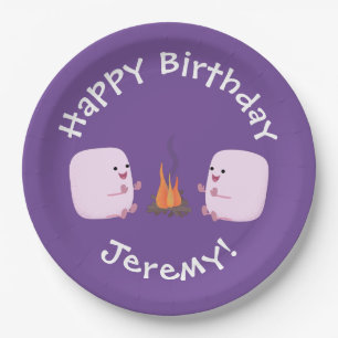 Cute roze marshmallows by kamp fire cartoon papieren bordje