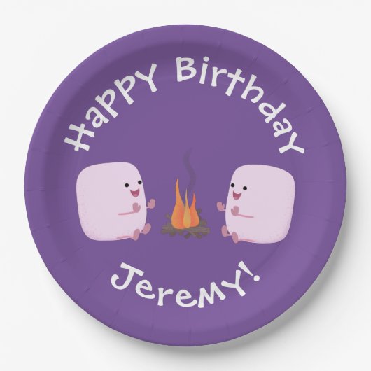 Cute roze marshmallows by kamp fire cartoon papieren bordje (Voorkant)