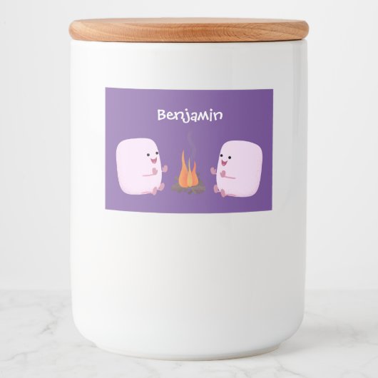 Cute roze marshmallows by kamp fire cartoon voedselcontainer etiket (Voorkant)