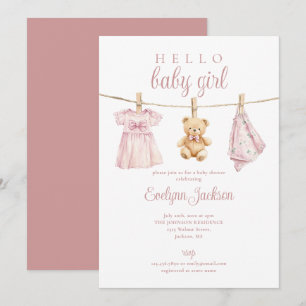 Cute Roze Meisjeskleren Waslijn Baby Shower Kaart