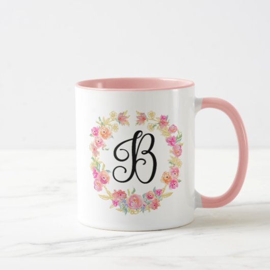 Cute roze monogram (B) Bloem met Mok (Rechts)