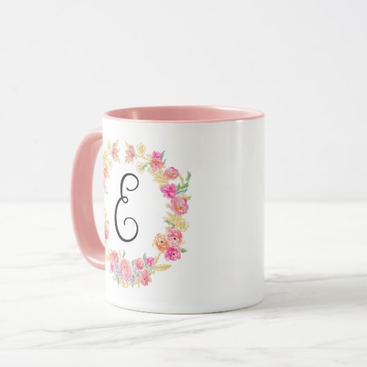 Cute roze monogram (E) Bloem met Mok (Voorkant links)