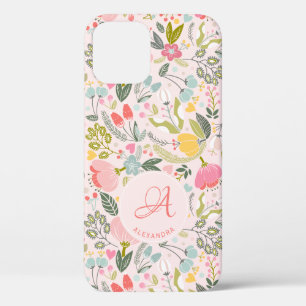 Cute roze monogram, gepersonaliseerde girale naam iPhone 12 hoesje