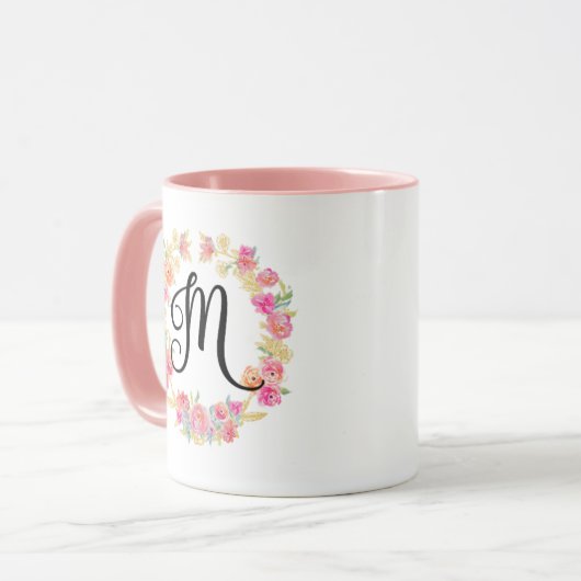 Cute roze monogram (M) Bloem WreatMok Mok (Voorkant links)