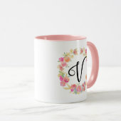 Cute roze monogram (V) Bloem met Mok (Voorkant rechts)