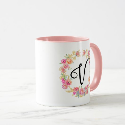 Cute roze monogram (V) Bloem met Mok (Voorkant rechts)