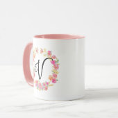 Cute roze monogram (V) Bloem met Mok (Voorkant links)