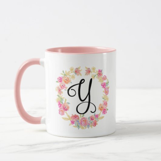 Cute roze monogram (Y) Bloem Warm Mok (Links)