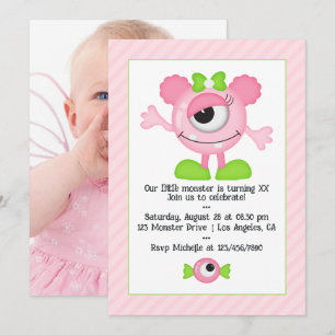 Cute Roze Monster Verjaardagsfeest Foto Kaart