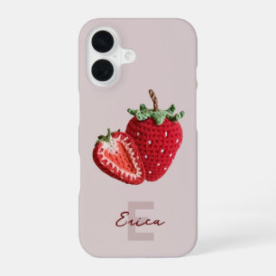 Cute Roze Oma Chic Gehaakte Aardbei Monogram iPhone 16 Hoesje
