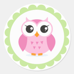 Cute roze owl cartoon in groene grens ronde sticker
