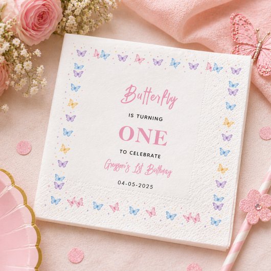 Cute Roze Paarse Vlinder 1e Verjaardag voor Meisje Servet