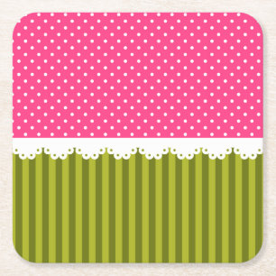 Cute roze poka Dot Green Stripes Pattern Vierkante Kartonnen Onderzetter