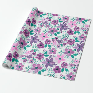 Cute roze & Purple Flowers Waterverf schilderen Cadeaupapier