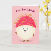 Cute roze rambutan cartoon afbeelding kaart (Gele Bloem)