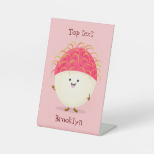 Cute roze rambutan cartoon afbeelding reclamebord met voetstuk