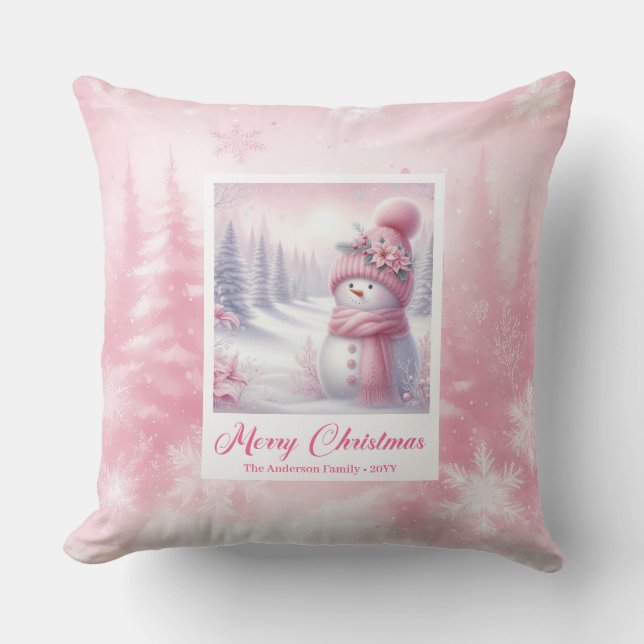 Cute Roze Sneeuwman Kerst Scene Kinderkamer Kussen (Voorkant)
