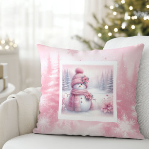 Cute Roze Sneeuwman Kerst Scene Pinkmas Kussen