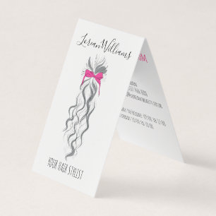 Cute Roze Strikje Grijs en Wit Vlecht Haarstyling Visitekaartjes