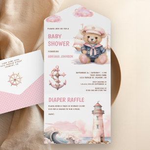 Cute Roze Teddybeer Nautisch Meisje Baby Shower All In One Uitnodiging