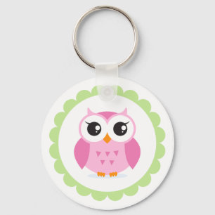 Cute roze uil cartoon binnen groene rand sleutelhanger