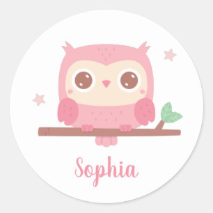Cute Roze Uil Op Tak, Meisjesnaam Gepersonaliseerd Ronde Sticker