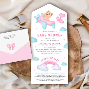 Cute Roze Vliegtuig Meisje Teddybeer Baby Shower All In One Uitnodiging