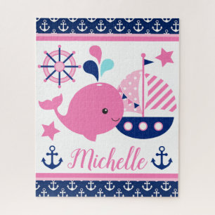 Cute roze walvis en ankers patroon met nautisch th legpuzzel
