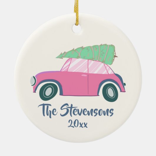 Cute roze Waterverf Auto Xmas - aangepaste structu Keramisch Ornament (Achterkant)