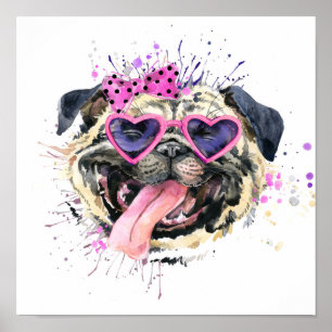 Cute roze Waterverf Pug Poster