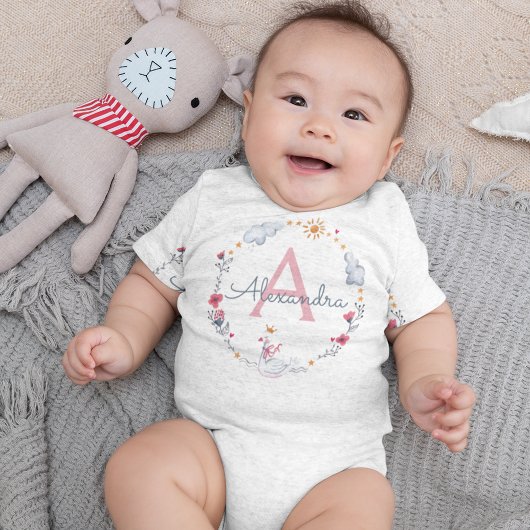 Cute roze zwaan en zonnebloem met monogram romper