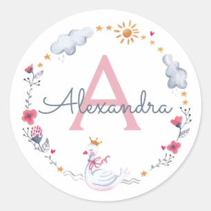 Cute roze zwaan en zonnebloem met monogram ronde sticker