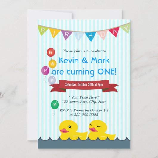 Cute Rubber Duck Twins Anniversaire Invitations (Devant)