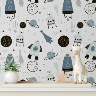 Cute Ruimteraketten Planeten Sterren Kinderkamer Behang